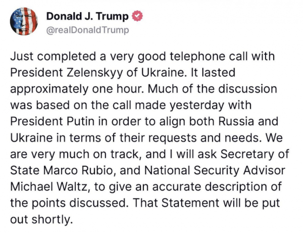 Трамп назвав розмову з Зеленським дуже хорошою. Вона тривала близько години, обговорили вчорашню бесіду з Путіним
